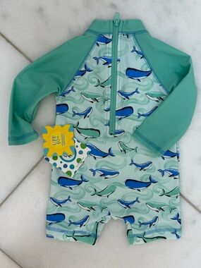 Little Me Mint Green & Blue Whale Print Rashguard Swimsuit